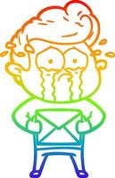 rainbow gradient line drawing cartoon crying man receiving letter vector