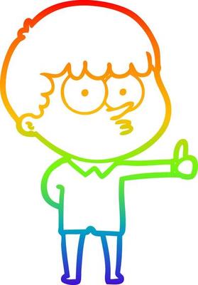 rainbow gradient line drawing cartoon curious boy giving thumbs up sign
