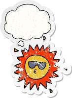 cartoon sun and thought bubble as a distressed worn sticker vector