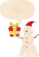 cartoon snowman with present and speech bubble in retro textured style vector