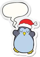 cute christmas penguin and speech bubble sticker vector