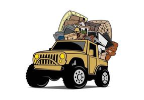 Offroad vehicle loaded full of household junk design illustration vector