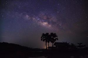 silueta de árbol con nubes y vía láctea. fotografía de larga exposición con grano foto