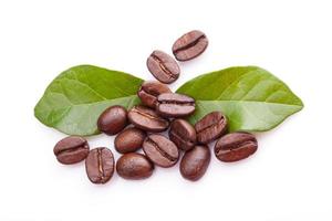 coffee grains and leaves on white background photo