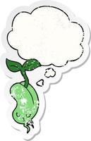 cartoon sprouting bean and thought bubble as a distressed worn sticker vector