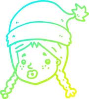 cold gradient line drawing cartoon girl wearing christmas hat vector