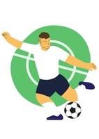 Soccer player character kick the classic ball. Flat graphic vector illustrations isolated on soccer field background