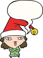 cartoon girl wearing christmas hat and speech bubble