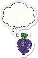 cartoon root vegetable and thought bubble as a distressed worn sticker vector