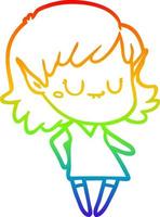 rainbow gradient line drawing happy cartoon elf girl wearing dress vector