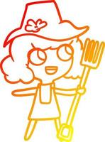 línea de gradiente cálido dibujo chica granjera de dibujos animados con tenedor vector