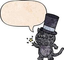 cartoon cat wearing top hat and speech bubble in retro texture style vector