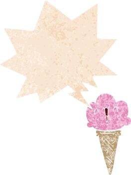 cartoon ice cream with face and speech bubble in retro textured style vector