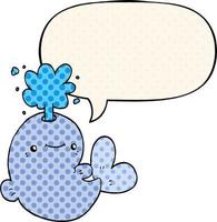 cartoon whale spouting water and speech bubble in comic book style