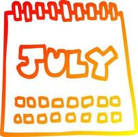 warm gradient line drawing cartoon calendar showing month of july vector