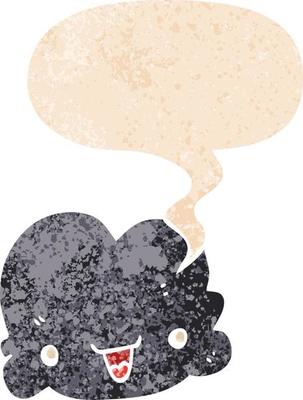 cartoon tiny happy cloud and speech bubble in retro textured style