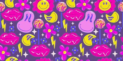 Trippy psychedelic aesthetic y2k seamless pattern. Trippy smile retro pop funny cartoon character. Smiley Happy face. Psychedelic print. Daisy flower, lips and lollipop. vector