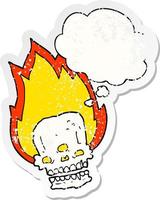 spooky cartoon flaming skull and thought bubble as a distressed worn sticker vector