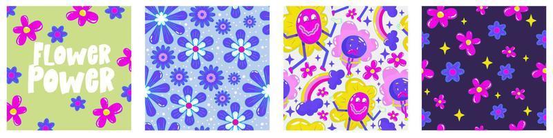 Daisy flower power poster set for print design. Abstract trippy psychedelic pattern. Flower power. Funny vector illustration. Retro 1990 poster for tshirt design.