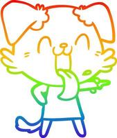 rainbow gradient line drawing cartoon panting dog in dress vector