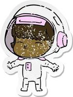 distressed sticker of a cartoon curious astronaut vector