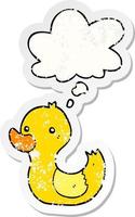 cartoon duck and thought bubble as a distressed worn sticker vector