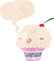 cartoon cupcake and speech bubble in retro textured style vector