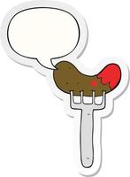 cartoon sausage on fork and speech bubble sticker vector