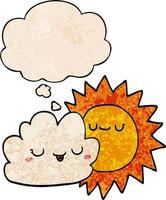 cartoon sun and cloud and thought bubble in grunge texture pattern style vector