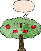 cartoon apple tree and speech bubble in retro texture style vector