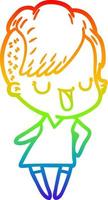 rainbow gradient line drawing cute cartoon girl with hipster haircut vector