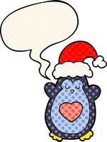 cute christmas penguin and speech bubble in comic book style vector