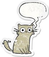 cartoon staring cat and speech bubble distressed sticker vector