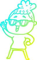 cold gradient line drawing cartoon happy woman wearing spectacles vector