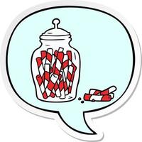 cartoon traditional candy sticks in jar and speech bubble sticker vector