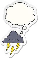 cartoon storm cloud and thought bubble as a printed sticker vector