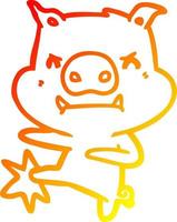 warm gradient line drawing angry cartoon pig karate kicking vector