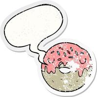 donut de dibujos animados y etiqueta engomada angustiada de la burbuja del discurso vector
