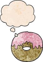 donut de dibujos animados y burbuja de pensamiento en estilo de patrón de textura grunge vector