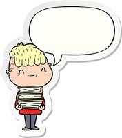 cartoon friendly boy and books and speech bubble sticker vector