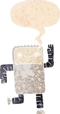 cartoon robot and speech bubble in retro textured style