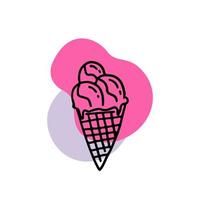 Ice cream cone line. Gelato with three balls with pink and purple spots on a white background. Cute ice cream doodles. Hand drawn vector illustration.
