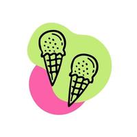 Ice cream cone line. Two gelato with pink and green spots on a white background. Cute ice cream doodles. Hand drawn vector illustration.