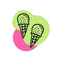 Ice cream cone line. Two gelato with pink and green spots on a white background. Cute ice cream doodles. Hand drawn vector illustration.