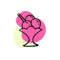 línea de sundae de helado. sundae con tres bolas con tubo de gofre con manchas rosas y amarillas sobre un fondo blanco. lindos garabatos de helado. ilustración vectorial dibujada a mano. vector