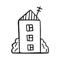 Multi-storey house drawing linear isolated. Three story house with windows, antenna and bushes. Cute doodles. Hand drawn vector illustration in cartoon style.