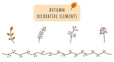 Set of autumn isolated branches with berries. Decorative vector lines with seasonal leaves. Doodle botanical illustration