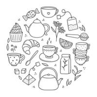 Hand drawn set of Tea time doodle icons. Teapots, cups and sweets in sketch style. Vector illustration isolated on white background