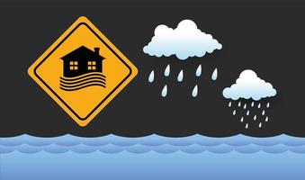 Flood area sign, natural disaster with house, heavy rain and storm , damage with home, clouds and rain, flooding water in city, Flooded house. vector