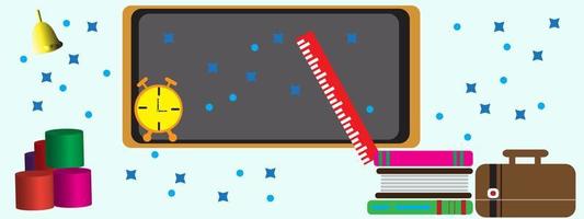 Back to school light blue background with alarm clock, book and ruler icons. vector